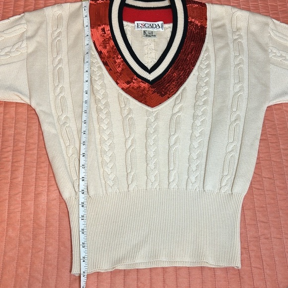 Vintage 80s Escada Wool Cable Knit Sweater with Red Sequin V Neck size 38 or M/L - Picture 11 of 16